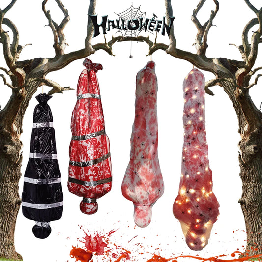 59-Inch Hanging Halloween Corpse Prop – Creepy Bloody Body Bag Decoration for Haunted Houses, Yards & Outdoor Horror Displays