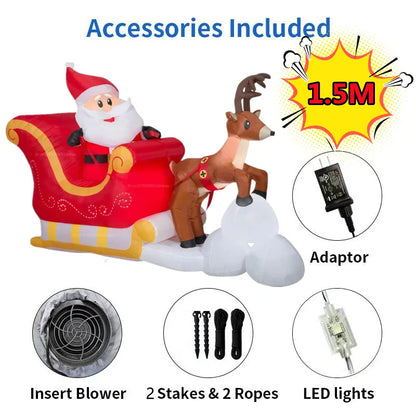 2.1m Santa and Reindeer Sleigh Inflatable with LED Lights | Festive Outdoor Decoration