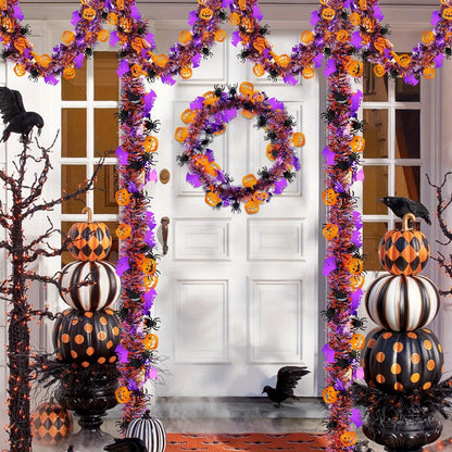 2m Halloween Tinsel Garland – Shiny Metallic Twist Garland with Orange Pumpkins, Black Spiders & Purple Bats for Party & Home Décor
