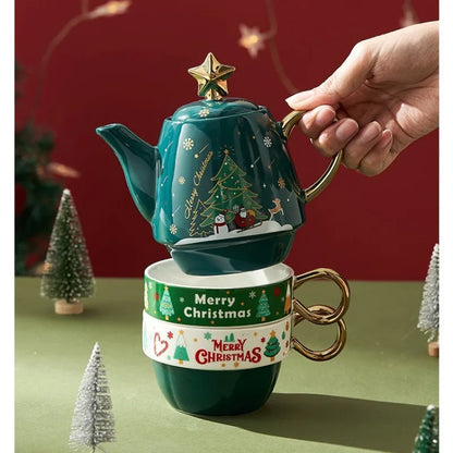 Christmas Ceramic Teapot & Teacup Set – Santa Claus or Elk Design with Gift Box
