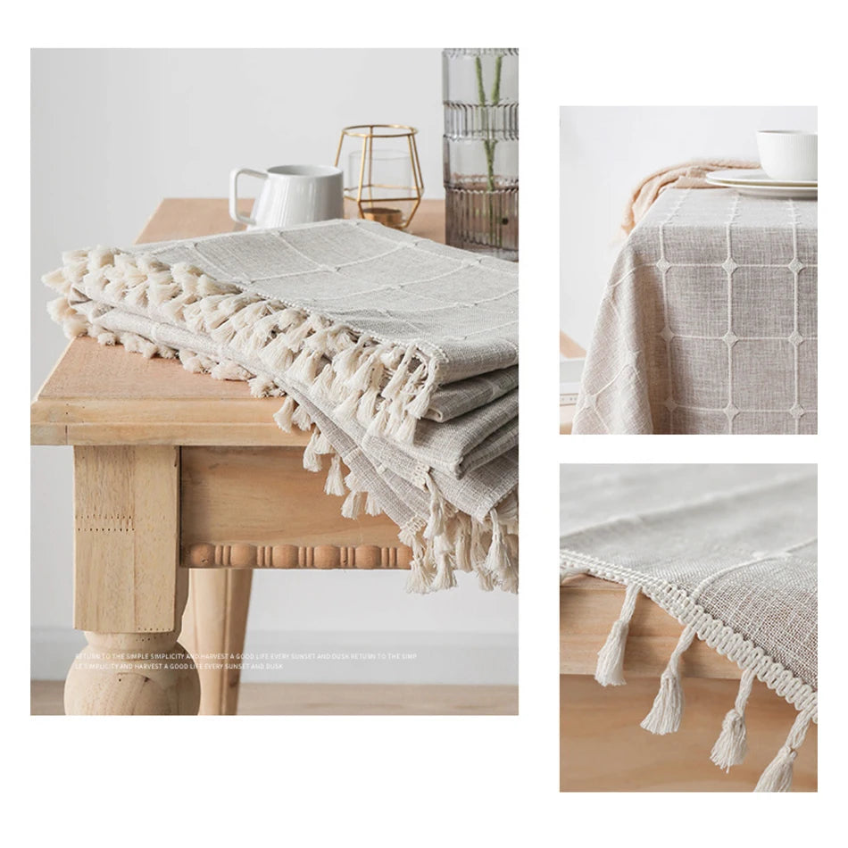 Textured Jacquard Checkered Tablecloth with Tassels | Cotton-Linen Winter Table Cover