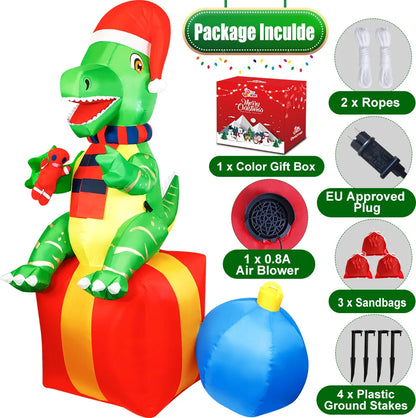 6FT Christmas Inflatable Dinosaur with LED Lights | Fun Outdoor Christmas Decoration