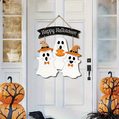 Halloween Wooden Door Hanging – Pumpkin & Ghost Sign | Rustic Wooden Pendant for Home, Party, or Carnival Night Decoration