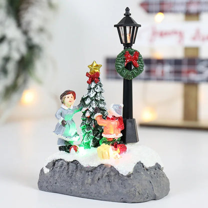 LED Christmas Village Ornament | Light-Up Resin Micro landscape Figurine with Santa & Snow Scene