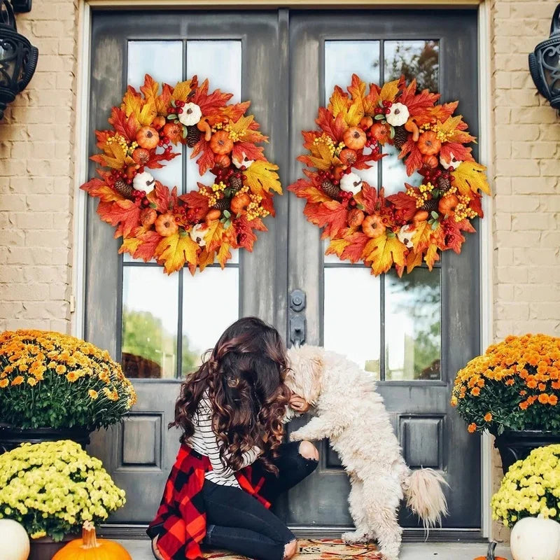 45cm Autumn Harvest Wreath – Artificial Pumpkin, Berry & Maple Leaf Front Door Decoration for Autumn/Fall & Halloween