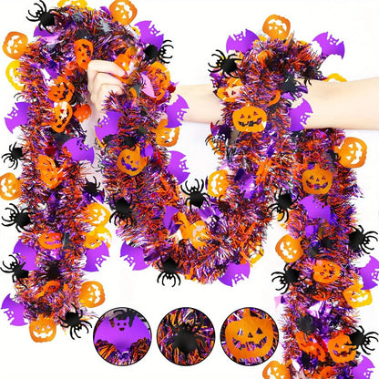 2m Halloween Tinsel Garland – Shiny Metallic Twist Garland with Orange Pumpkins, Black Spiders & Purple Bats for Party & Home Décor