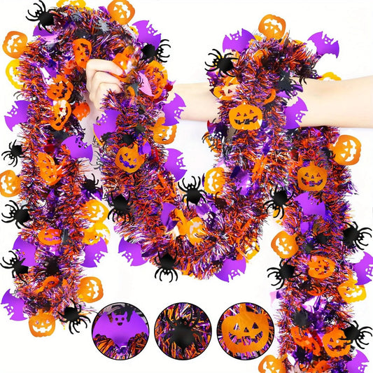 2m Halloween Tinsel Garland – Shiny Metallic Twist Garland with Orange Pumpkins, Black Spiders & Purple Bats for Party & Home Décor