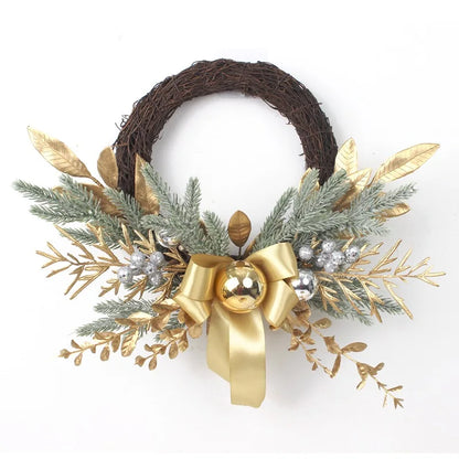 Golden Christmas Wreath for Front Door | Artificial Pinecone & Rattan Garland with Festive Flowers