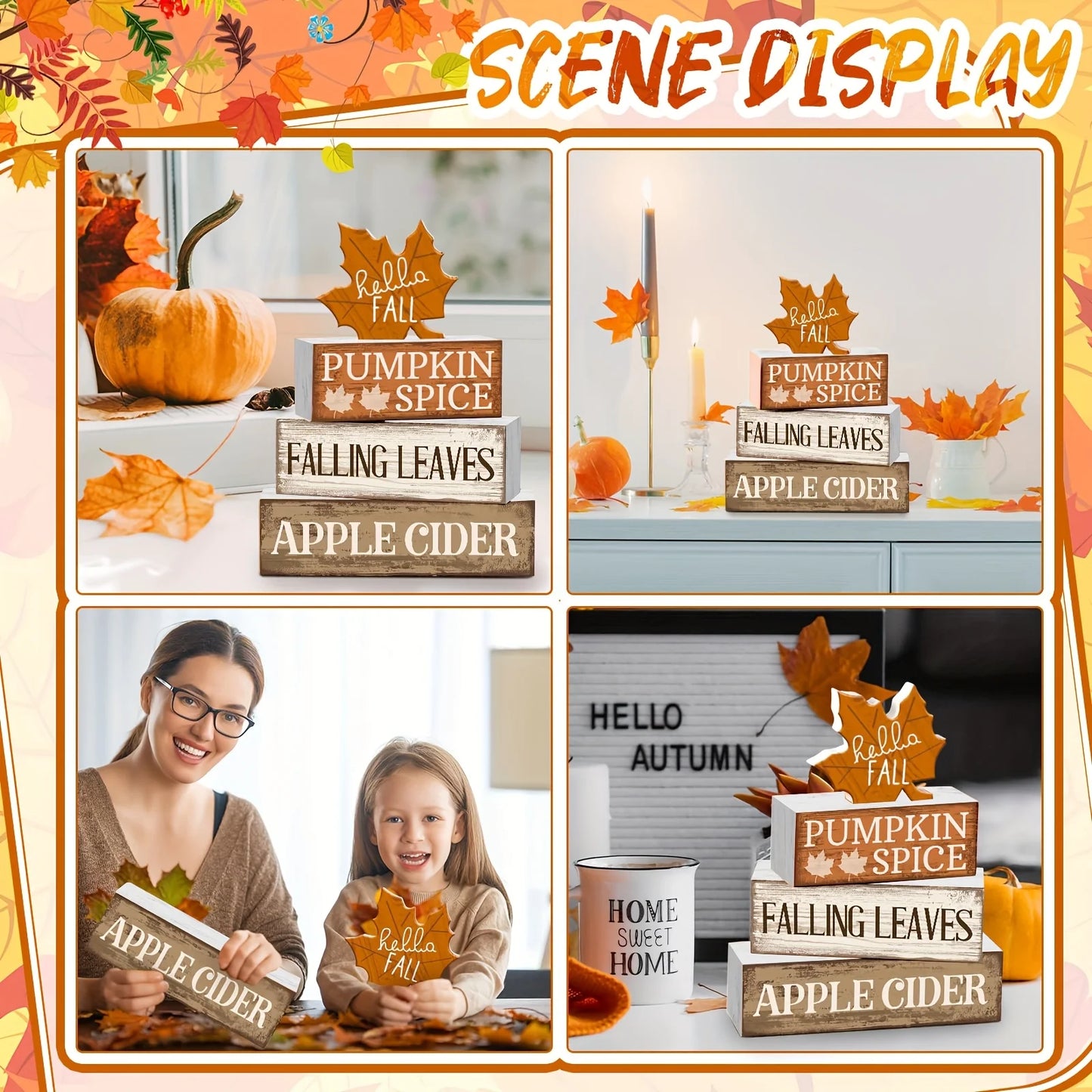 4Pcs Wooden Fall Tabletop Décor – Rustic Maple Leaf Tiered Tray Signs, Farmhouse Autumn Centrepiece Blocks