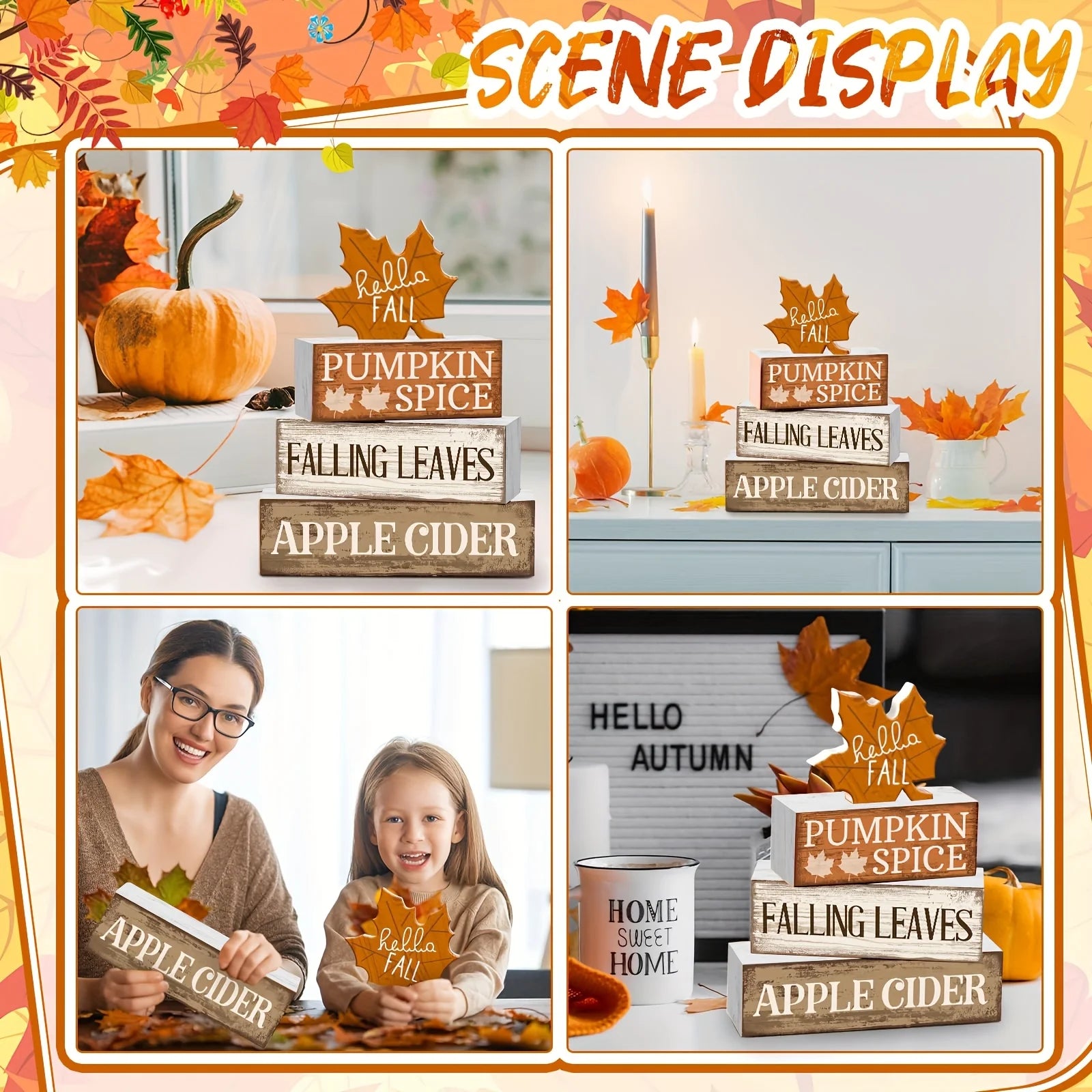 4Pcs Wooden Fall Tabletop Décor – Rustic Maple Leaf Tiered Tray Signs, Farmhouse Autumn Centrepiece Blocks
