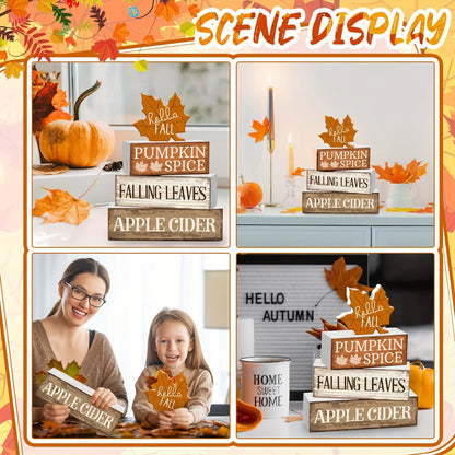 4Pcs Wooden Fall Tabletop Décor – Rustic Maple Leaf Tiered Tray Signs, Farmhouse Autumn Centrepiece Blocks