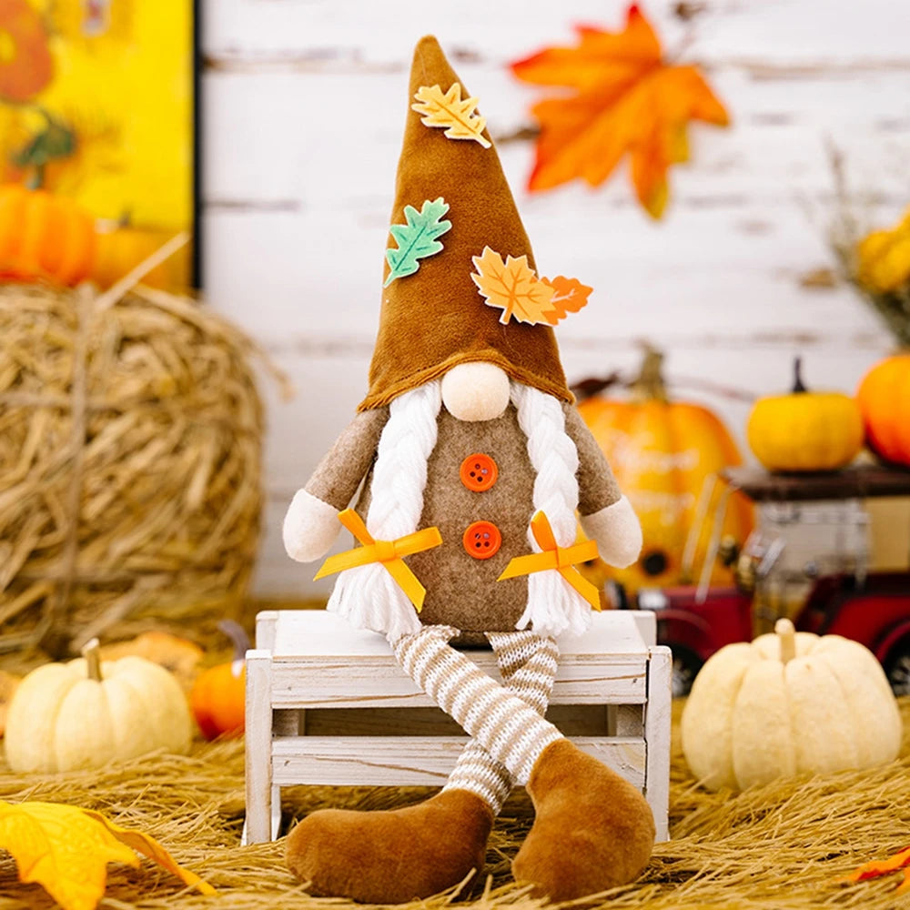 Autumn Gnome Plush Decoration – Maple Leaf & Sunflower Faceless Doll | Light-Up Fall Elf Ornament