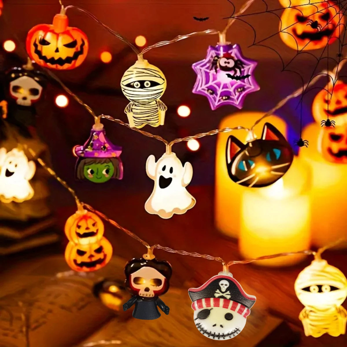 Halloween LED String Lights – 10/20 Battery-Powered Lights with Ghost, Pumpkin, Spider Web, Skeleton & Witch Designs for Indoor Décor