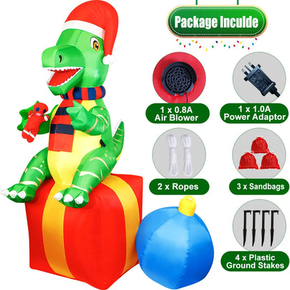 6FT Christmas Inflatable Dinosaur with LED Lights | Fun Outdoor Christmas Decoration