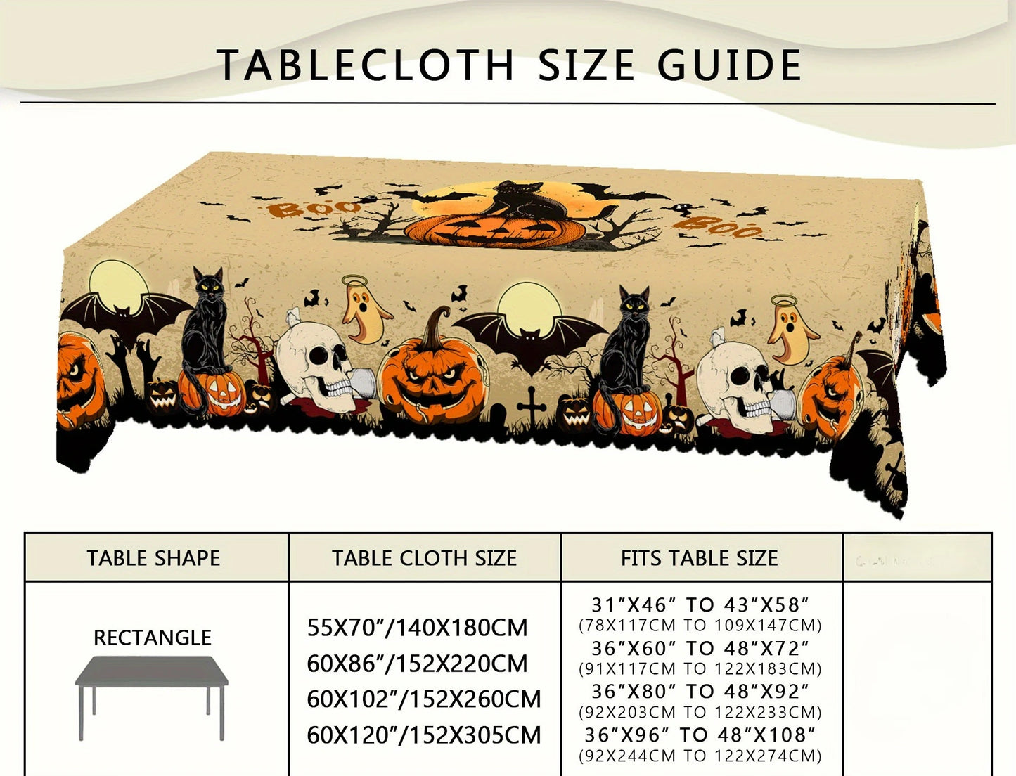 Halloween Tablecloth – Spooky Pumpkins, Bats, Skulls & Black Cat Design | Durable Polyester Table Cover for Kitchen, Dining & Party Decor