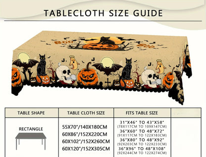 Halloween Tablecloth – Spooky Pumpkins, Bats, Skulls & Black Cat Design | Durable Polyester Table Cover for Kitchen, Dining & Party Decor