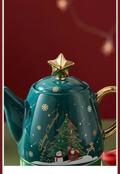Christmas Ceramic Teapot & Teacup Set – Santa Claus or Elk Design with Gift Box