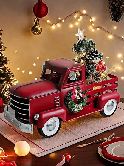 Red Christmas Truck with Tree & Warm White Twinkling Lights – Festive Farmhouse Holiday Decoration