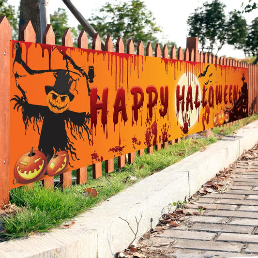 Happy Halloween Banner – 250cm Hanging Halloween Sign with Pumpkin & Bloody Handprint Design | Indoor & Outdoor Yard Party Decoration