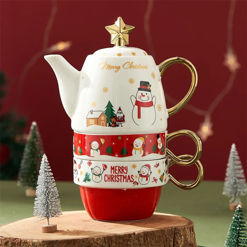 Christmas Ceramic Teapot & Teacup Set – Santa Claus or Elk Design with Gift Box