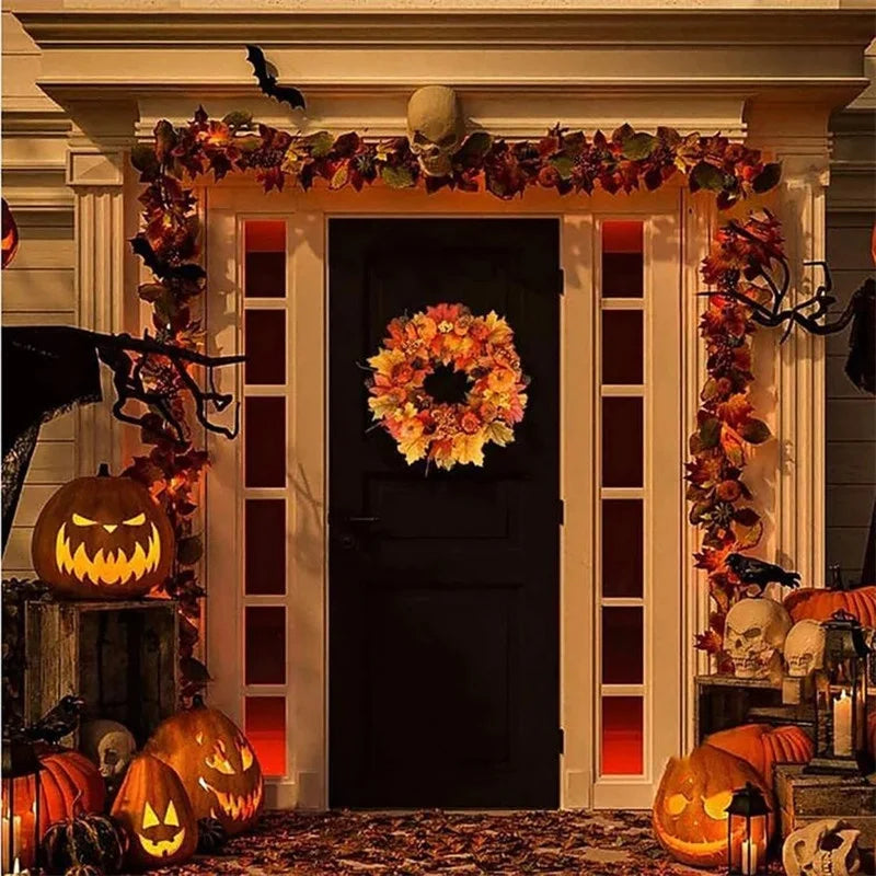 45cm Autumn Harvest Wreath – Artificial Pumpkin, Berry & Maple Leaf Front Door Decoration for Autumn/Fall & Halloween
