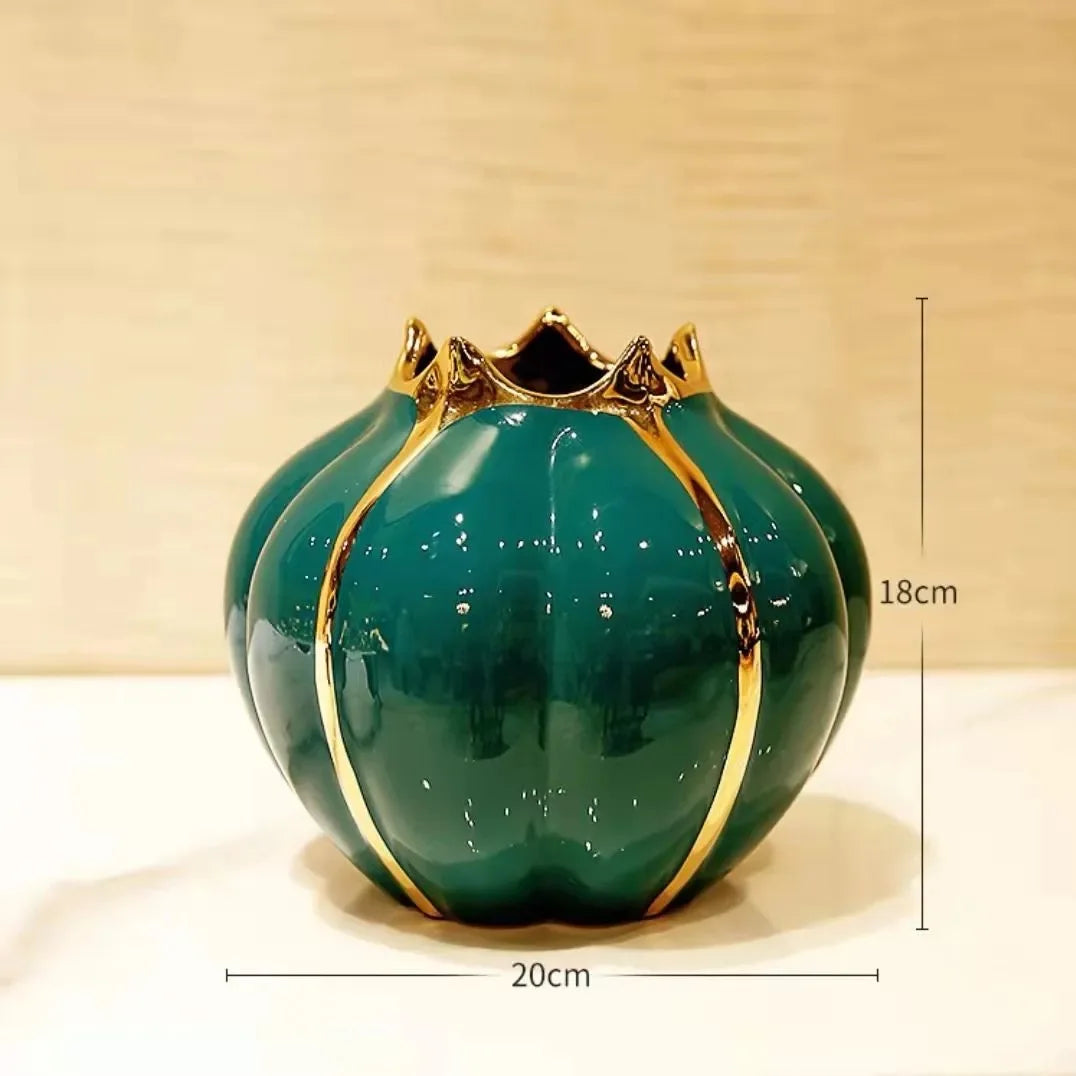 Nordic Pumpkin Ceramic Vase with Gold Edge – Green or Orange Decorative Vase for Home, Living Room & Office Decor (1PC)