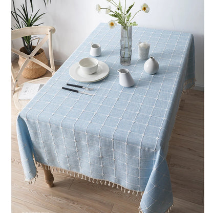 Textured Jacquard Checkered Tablecloth with Tassels | Cotton-Linen Winter Table Cover