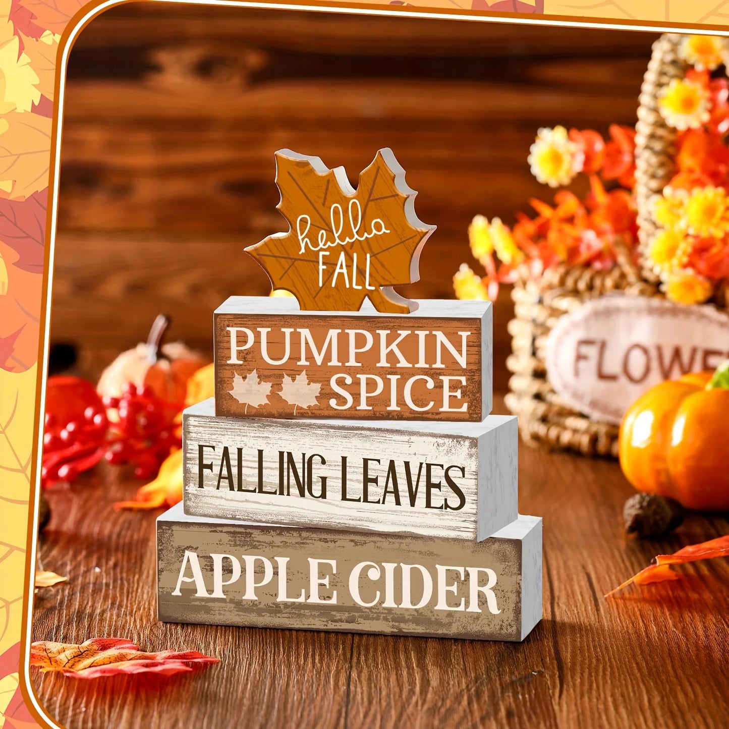 4Pcs Wooden Fall Tabletop Décor – Rustic Maple Leaf Tiered Tray Signs, Farmhouse Autumn Centrepiece Blocks