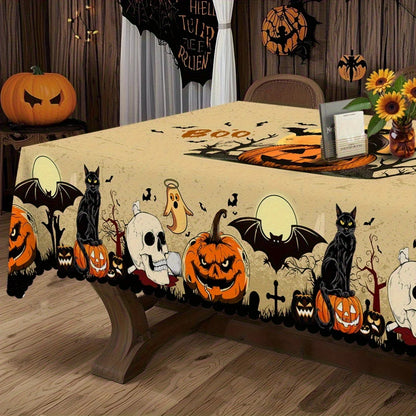 Halloween Tablecloth – Spooky Pumpkins, Bats, Skulls & Black Cat Design | Durable Polyester Table Cover for Kitchen, Dining & Party Decor