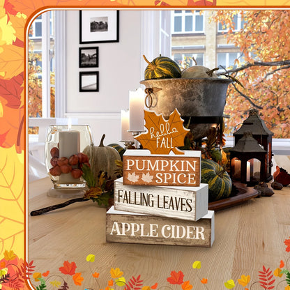 4Pcs Wooden Fall Tabletop Décor – Rustic Maple Leaf Tiered Tray Signs, Farmhouse Autumn Centrepiece Blocks
