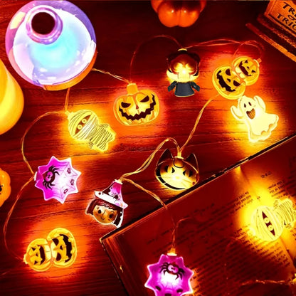 Halloween LED String Lights – 10/20 Battery-Powered Lights with Ghost, Pumpkin, Spider Web, Skeleton & Witch Designs for Indoor Décor