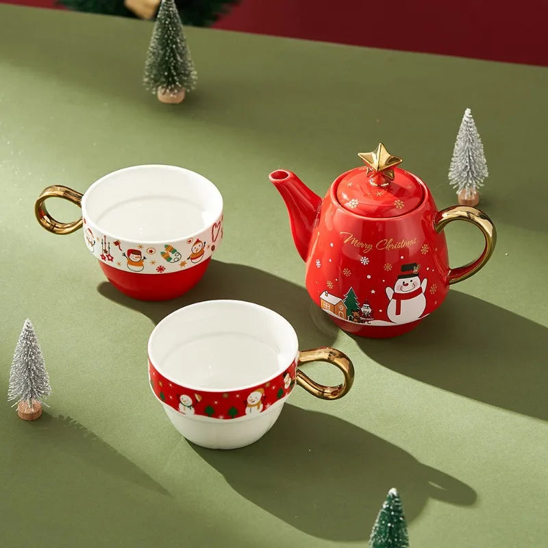 Christmas Ceramic Teapot & Teacup Set – Santa Claus or Elk Design with Gift Box