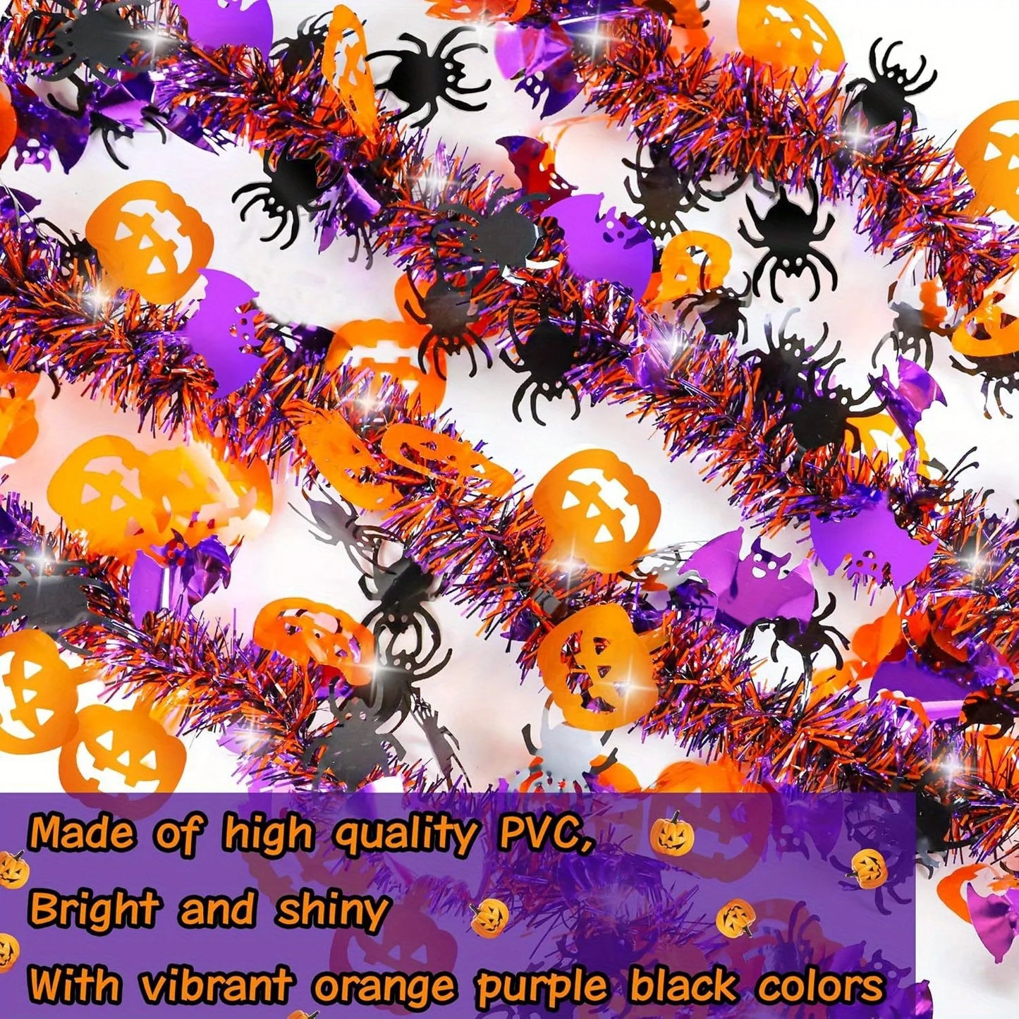 2m Halloween Tinsel Garland – Shiny Metallic Twist Garland with Orange Pumpkins, Black Spiders & Purple Bats for Party & Home Décor
