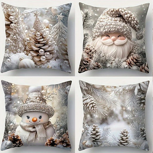 Festive Christmas Cushion Cover – Santa & Snowman Design | Decorative Throw Pillow Cover for Sofa, Bedroom, or Car