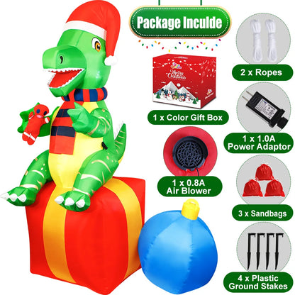 6FT Christmas Inflatable Dinosaur with LED Lights | Fun Outdoor Christmas Decoration