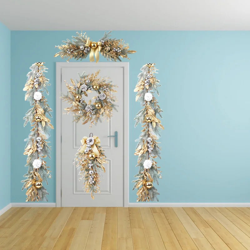 Golden Christmas Wreath for Front Door | Artificial Pinecone & Rattan Garland with Festive Flowers