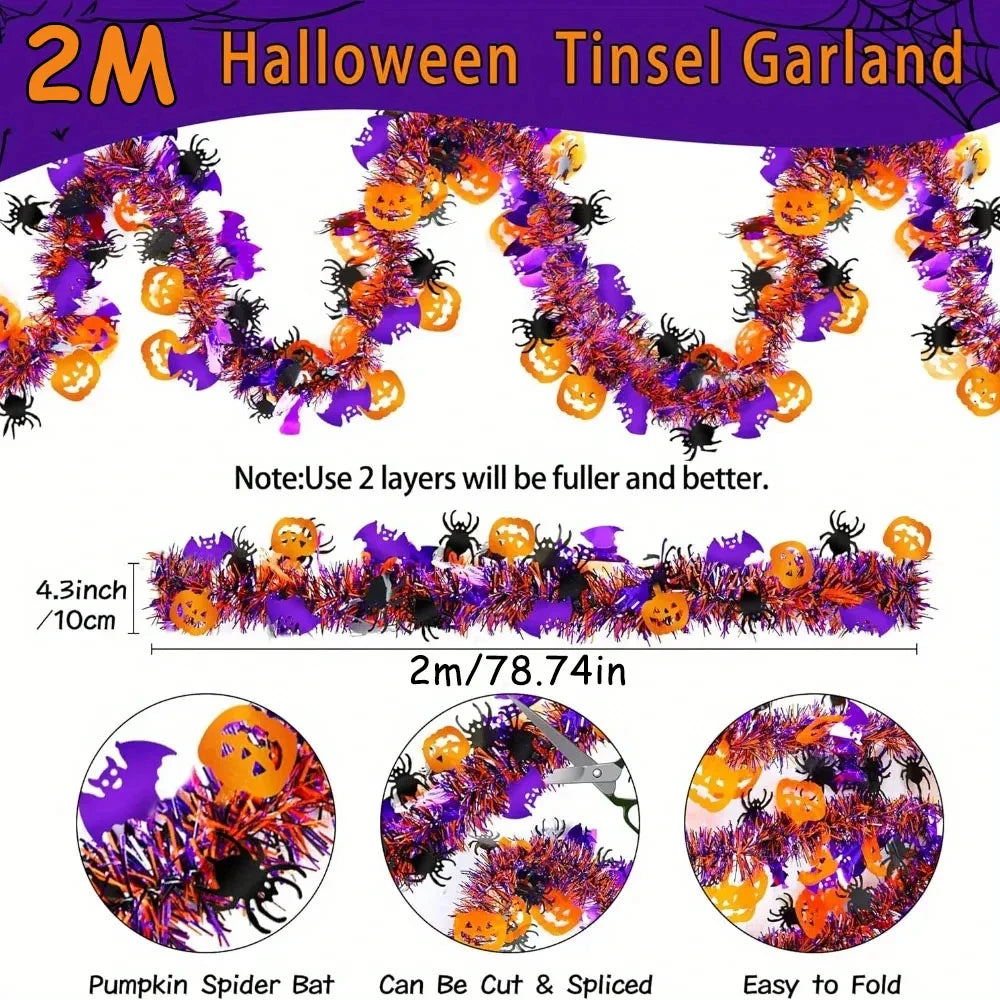 2m Halloween Tinsel Garland – Shiny Metallic Twist Garland with Orange Pumpkins, Black Spiders & Purple Bats for Party & Home Décor