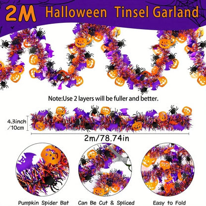 2m Halloween Tinsel Garland – Shiny Metallic Twist Garland with Orange Pumpkins, Black Spiders & Purple Bats for Party & Home Décor