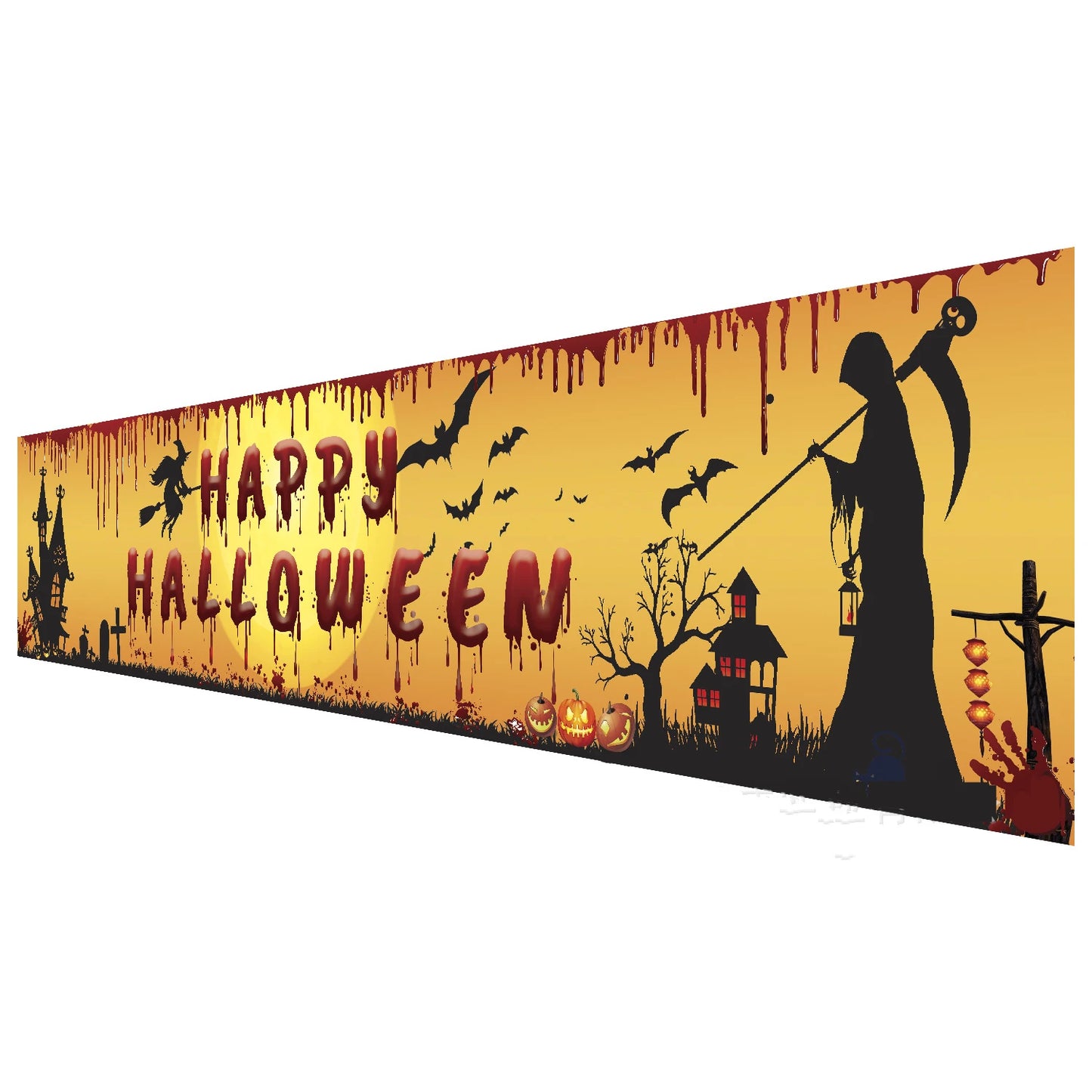 Happy Halloween Banner – 250cm Hanging Halloween Sign with Pumpkin & Bloody Handprint Design | Indoor & Outdoor Yard Party Decoration