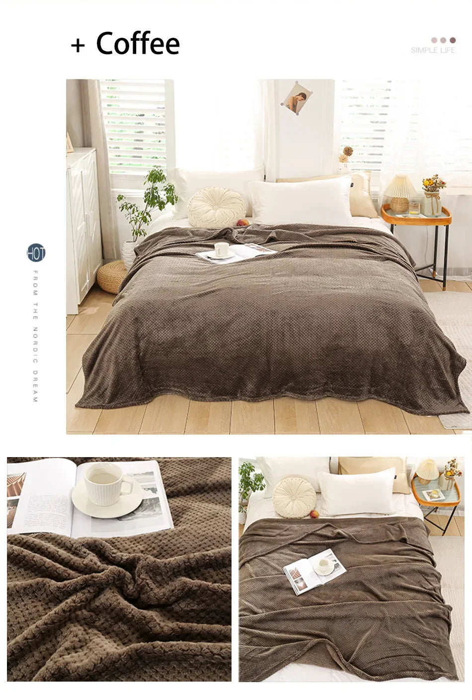 Japan-Style Coral Fleece Blanket – 300gsm Soft Fluffy Faux Fur Mink Throw, Solid & Plaid Sofa Cover & Bedspread