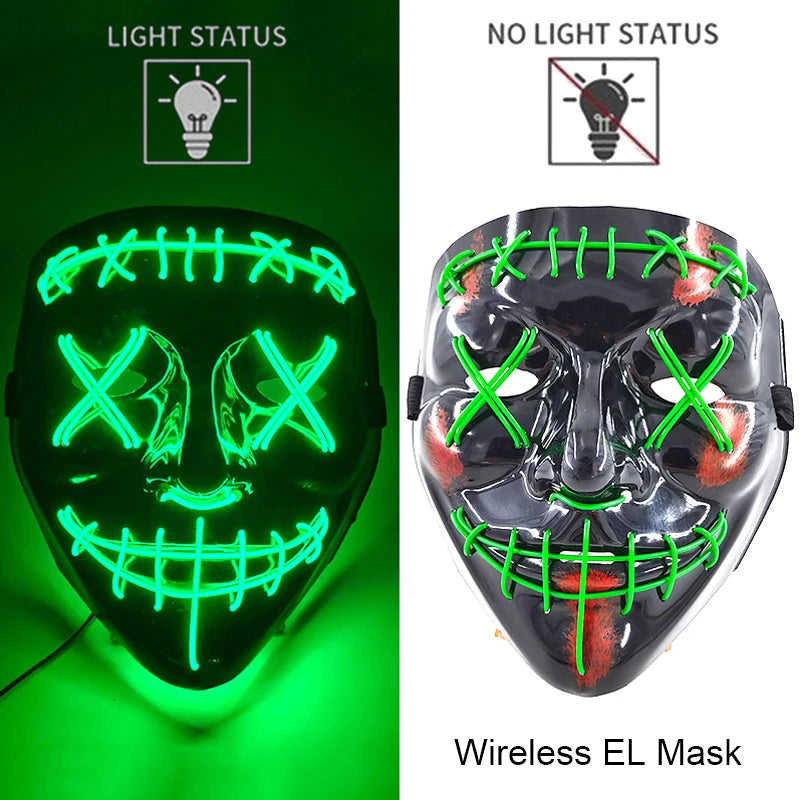 Wireless Neon LED Purge Mask – Glow-in-the-Dark Halloween Cosplay, Masquerade & Party Dress-Up Mask