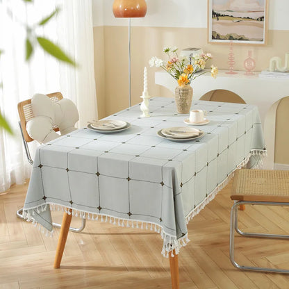 Textured Jacquard Checkered Tablecloth with Tassels | Cotton-Linen Winter Table Cover