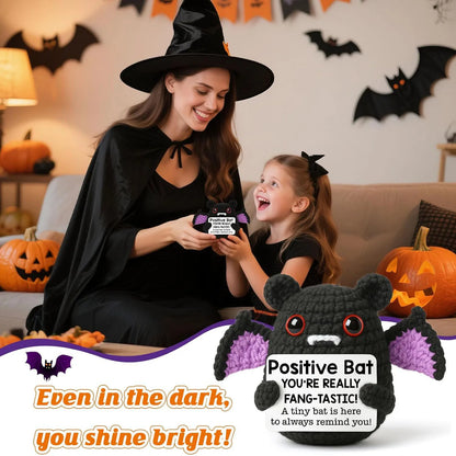 Handmade Knitted Bat Doll with Positive Message Card – Cute Halloween Egg Bat Ornament for Home, Room, or Party Décor & Gifts