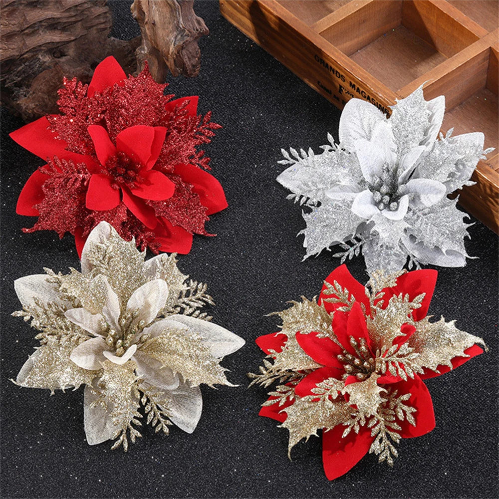 5/10pcs Glitter Christmas Poinsettia Flower Ornaments – 14.5cm Artificial Decorations for Tree & Home