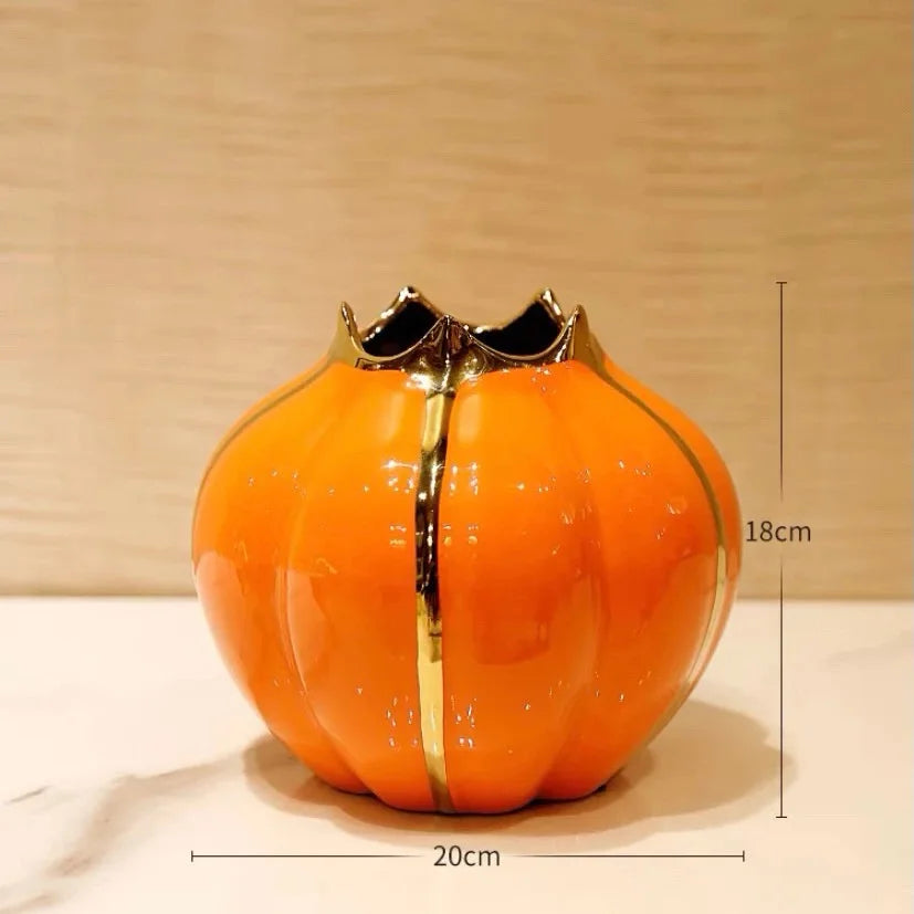 Nordic Pumpkin Ceramic Vase with Gold Edge – Green or Orange Decorative Vase for Home, Living Room & Office Decor (1PC)