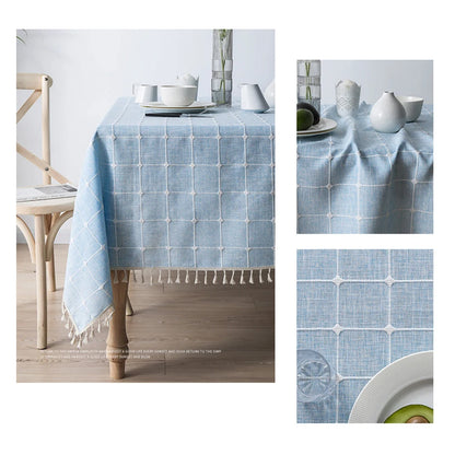 Textured Jacquard Checkered Tablecloth with Tassels | Cotton-Linen Winter Table Cover