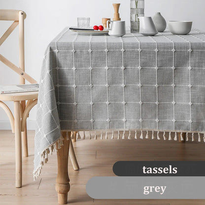 Textured Jacquard Checkered Tablecloth with Tassels | Cotton-Linen Winter Table Cover