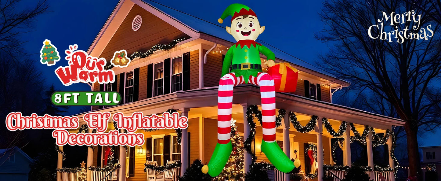 8ft Sitting Elf Christmas Inflatable with LED Lights | Festive Outdoor Decoration