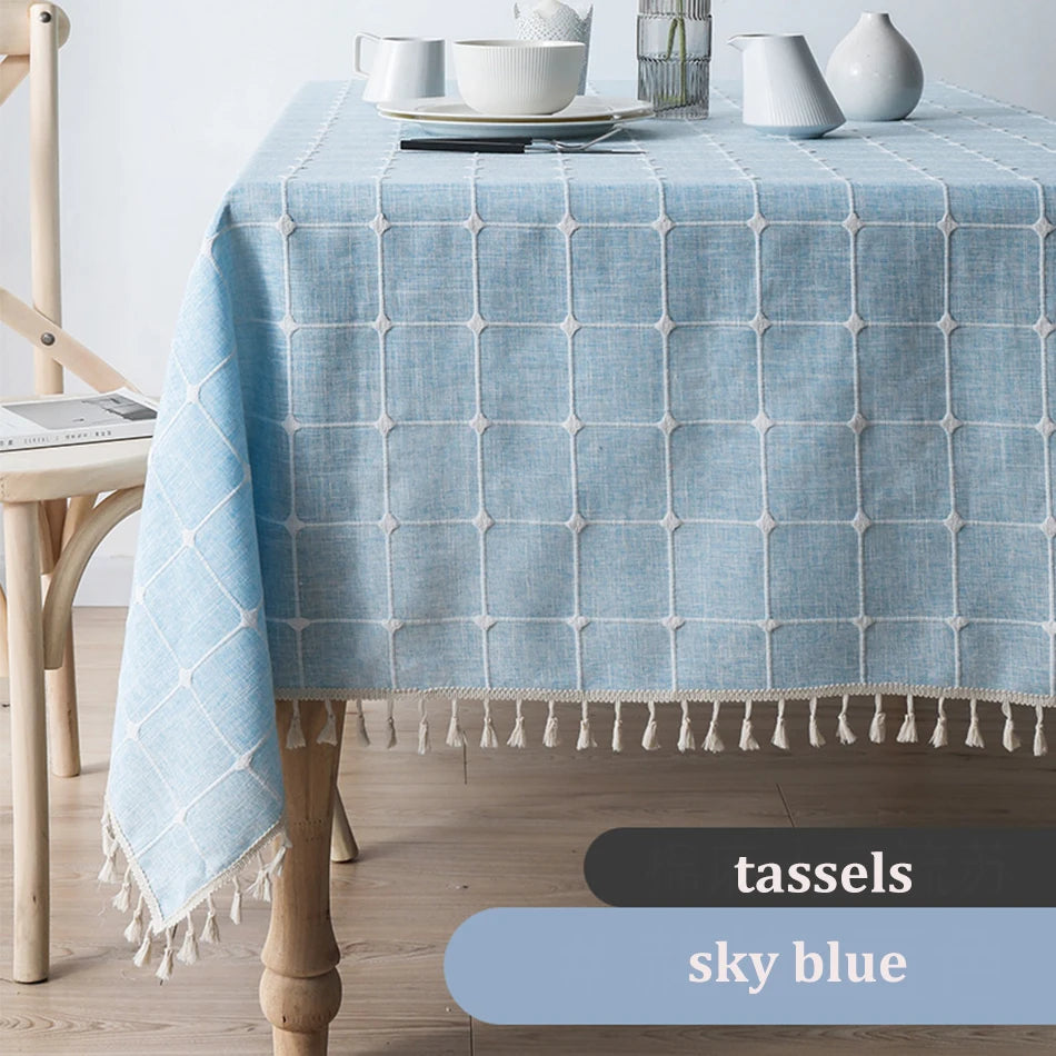 Textured Jacquard Checkered Tablecloth with Tassels | Cotton-Linen Winter Table Cover
