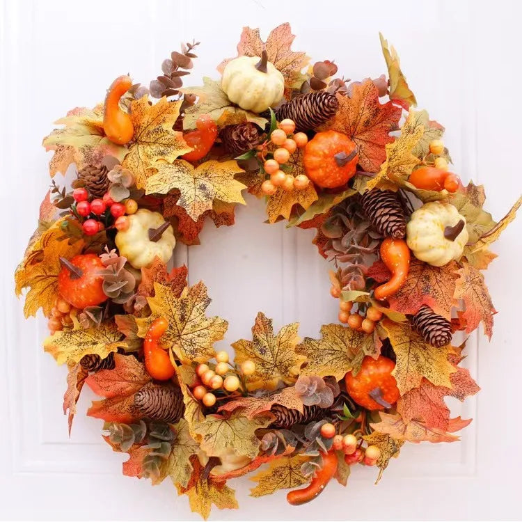 45cm Autumn Harvest Wreath – Artificial Pumpkin, Berry & Maple Leaf Front Door Decoration for Autumn/Fall & Halloween